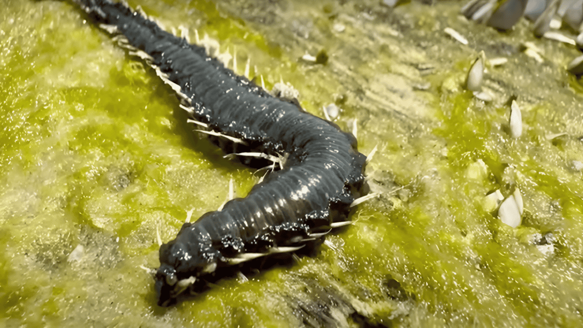 Un ver de feu venimeux rampe sur une surface rocheuse, ses poils capables de délivrer une piqûre douloureuse.