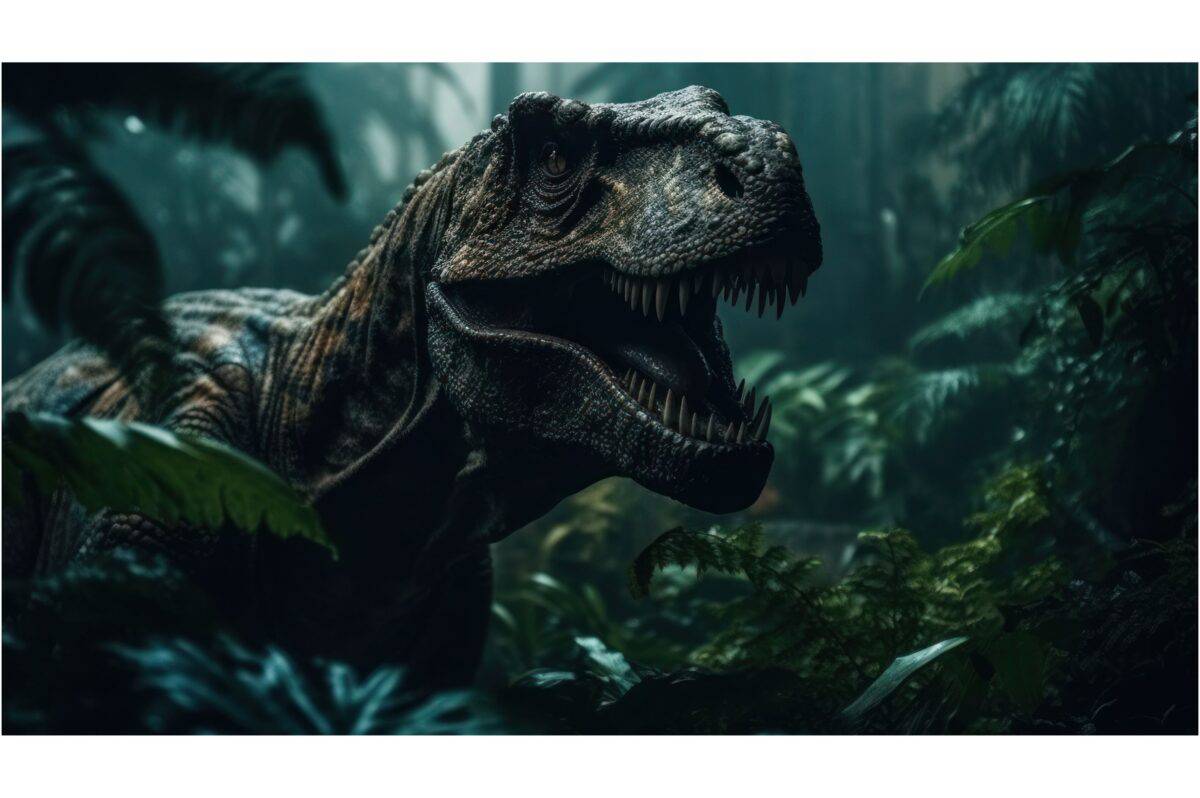 Dinosaure T. Rex chassant à travers les broussailles