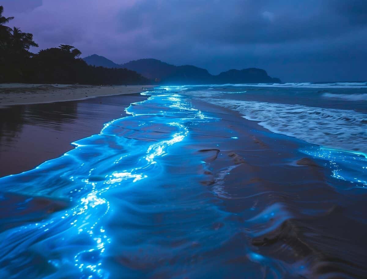 bioluminescence, océan, plage, vagues, lueur, bleu, nuit, foncé, rive, le sable, eau, phénomène naturel, plancton, algues, la nature, Microorganismes, Dinoflagellés, la magie, Ai généré, Bioluminescence, Bioluminescence, Bioluminescence, Bioluminescence, Bioluminescence