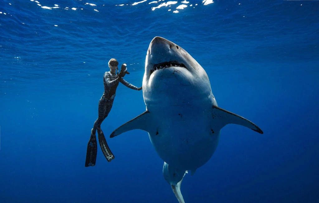 Un biologiste marin nage avec un grand requin blanc de 20 pieds de long